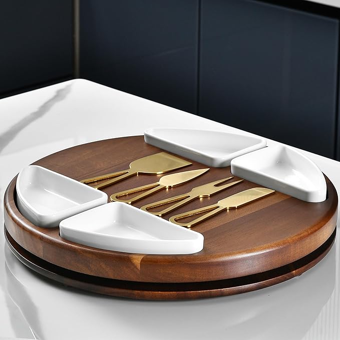 Shanik Upgraded Lazy Susan Cheese Cutting Board Set - Round Acacia Charcuterie Board With 4 Ceramic Bowls - Wedding Gifts - Cheese Serving Platter - Bridal Shower