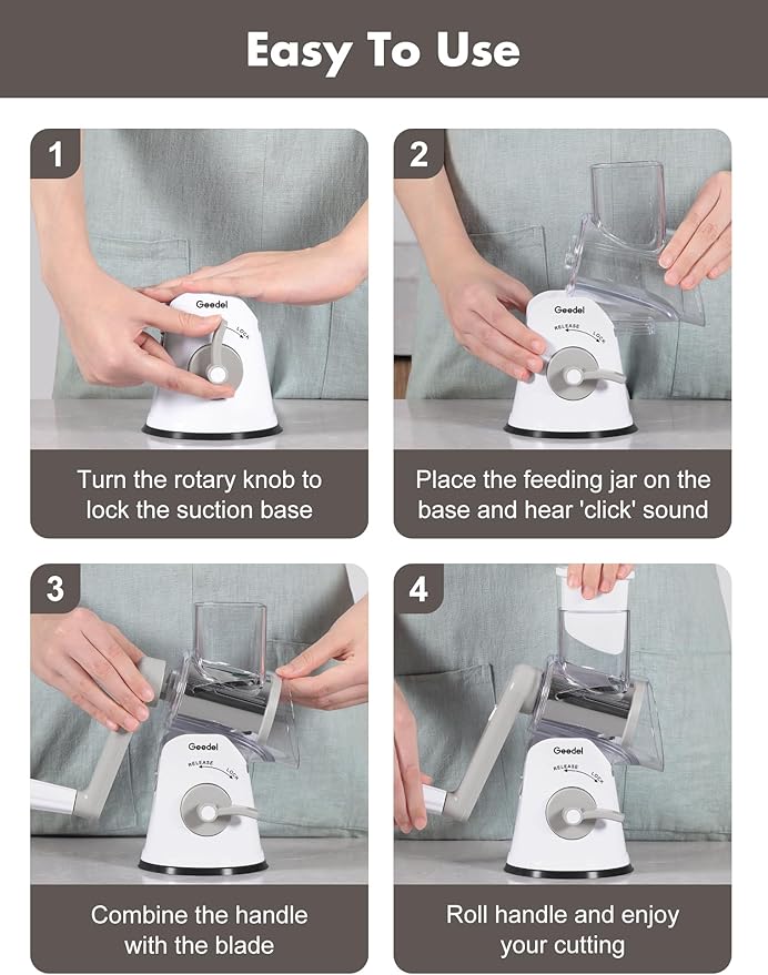 Geedel Rotary Cheese Grater Cheese Shredder - Upgraded 5-in-1 Cheese Grater with Handle and Strong Suction Base, Multi-purpose Vegetable Slicer Ice Shaver Nuts Grinder for Ice, Vegetables, Fruit, Nuts