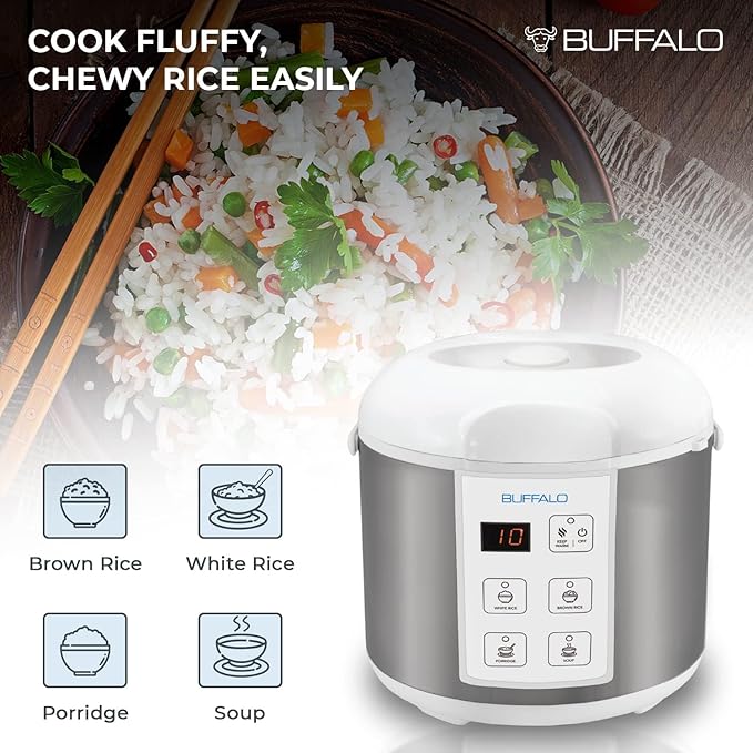 Buffalo Classic Rice Cooker with Clad Stainless Steel Inner Pot - Electric Rice Cooker for White/Brown Rice, Grain - Easy-to-clean, Non-Toxic & Non-Stick, Auto Warmer (5 Cup)