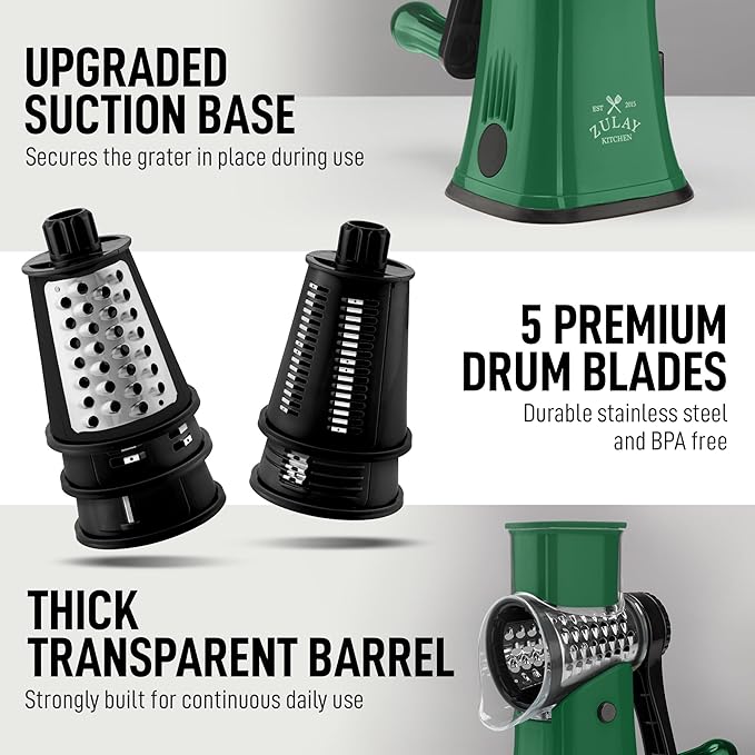 Zulay Kitchen Rotary Cheese Grater 5 Blade Cheese Shredder - Manual Hand Crank Cheese Grater With Reinforced Suction & 5 Interchangeable Drums - Easy to Use, Vegetable Chopper Round Mandoline Slicer