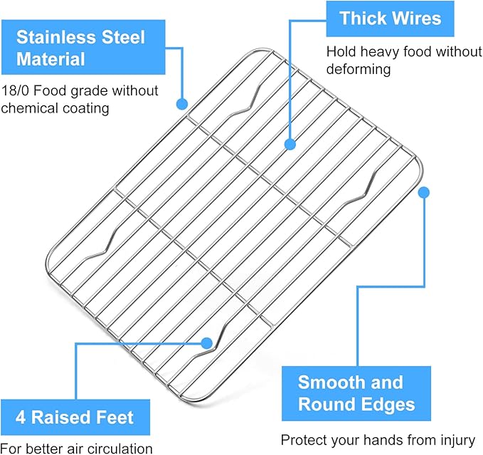 P&P CHEF Baking Cooling Rack Set for Cooking Roasting, 4-Piece Stainless Steel Wire Racks for Oven Use, Healthy & Dishwasher Safe, Rectangle, 9.7 Inch