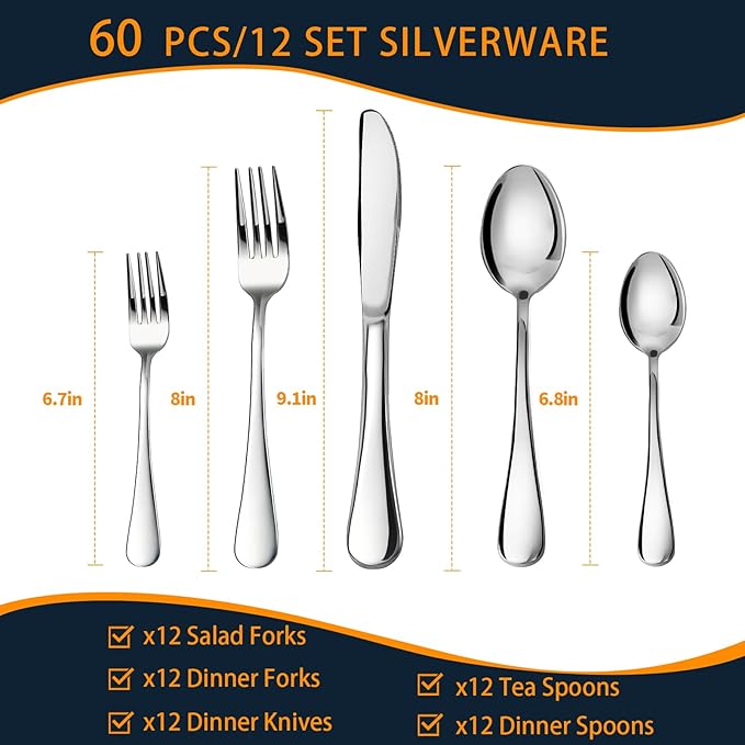 60 Piece Silverware Set for 12, Premium Stainless Steel Flatware Set, Eating Utensil Sets with Steak knives, Cutlery Tableware Service Include Fork Knife Spoon Set, Mirror Polished