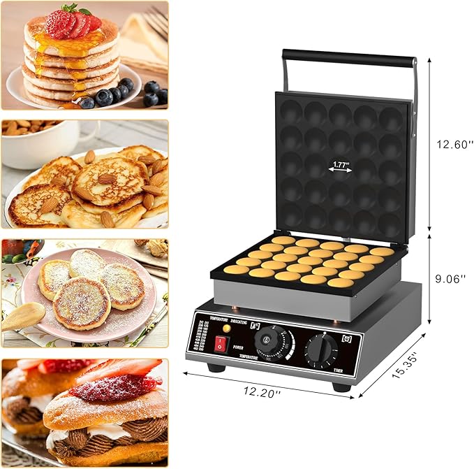 25 PCS Mini Pancake Maker Machine, 1750W Commercial Electric Dutch Pancake Maker, Nonstick Waffle Iron for Home, Restaurants, Food Trucks – Precise Temp & Timer Control