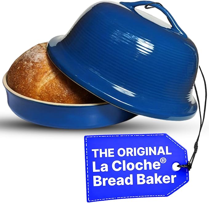 Sassafras Superstone® Stoneware La Cloche® Bread Baker with Blue Glazed Exterior and Unglazed Interior Bakes an Artisan Bread with Crusty Crust and a Light Crumb