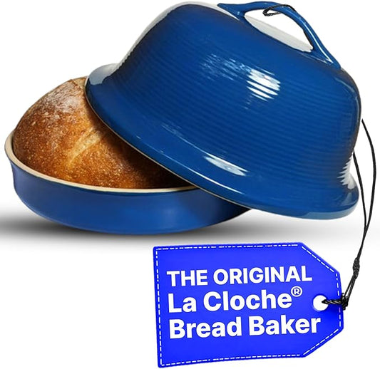 Sassafras Superstone® Stoneware La Cloche® Bread Baker with Blue Glazed Exterior and Unglazed Interior Bakes an Artisan Bread with Crusty Crust and a Light Crumb