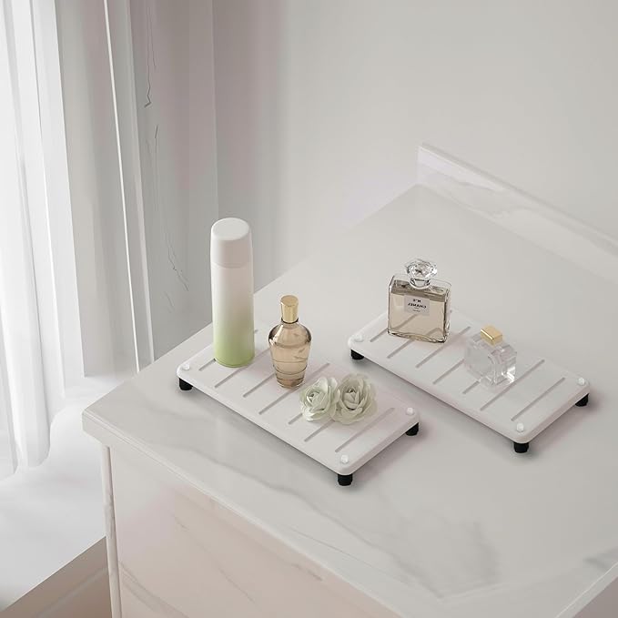 2PCS Water Absorbing Stone Drying Mat for Bathroom Sink & Kitchen Counter Organizer, Instant Dry Soap Dispenser Sponge Holder, Sink Caddy, Vanity Tray (10"x5"-White)