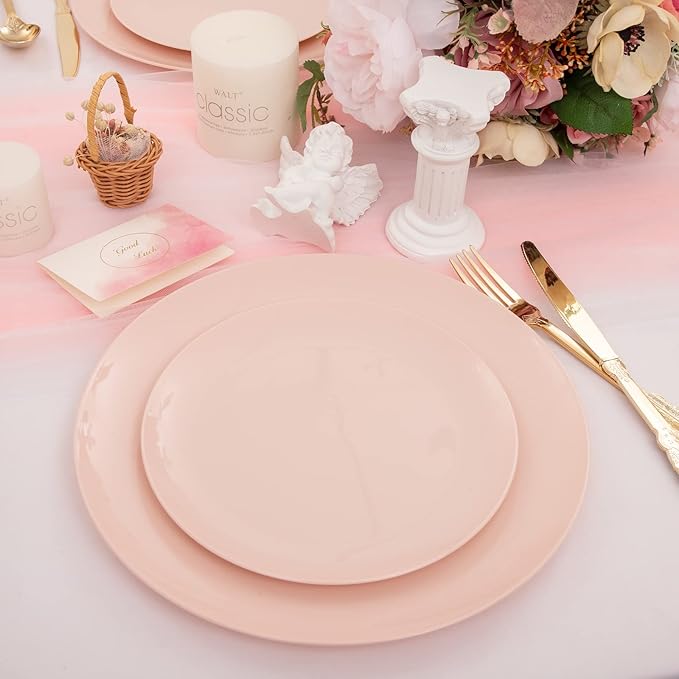 KIRE 60PCS Pink Plastic Plates Disposable - Heavy Duty Pink Plates for Party - Include 30Pieces 10.25inch for Dinner and 30Pieces 7.5inch for Dessert Salad
