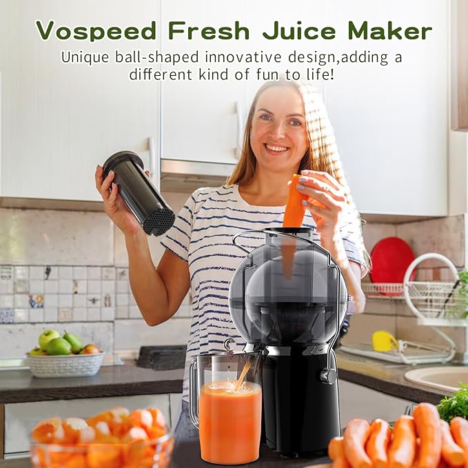 Juicer Maker,Vospeed Juicer Machines,750W juicer machines vegetable and fruit,With 3.5-Inch Wide-Mouth Feed Chute,Juice Extraction at Constant Temperature,With 1.2L Cup, BPA-Free,Easy to Clean (Black)