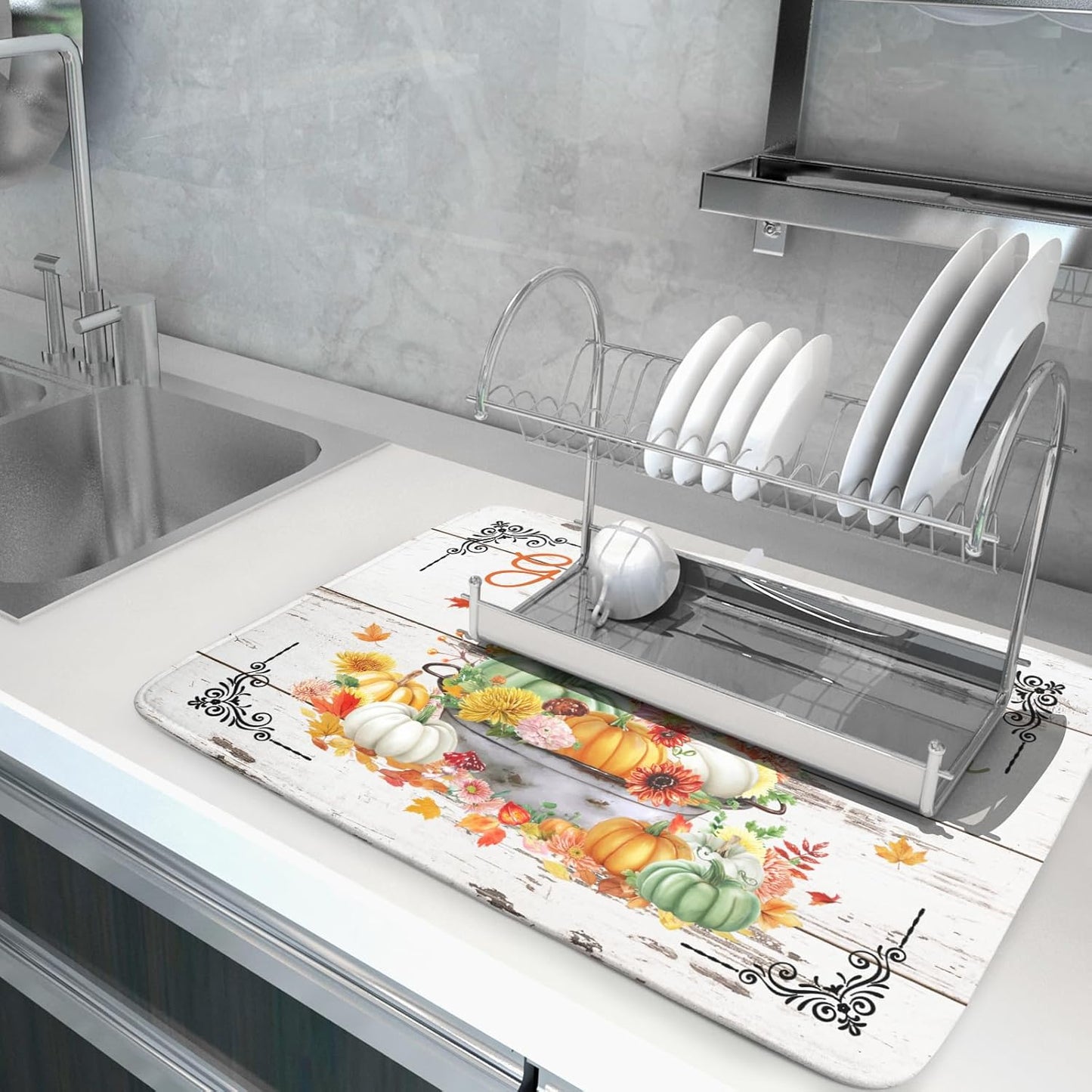 White Autumn Dish Drying Mat Absorbent Fall Drying Matt Kitchen Counter 18 X 24 in Home Season Decor