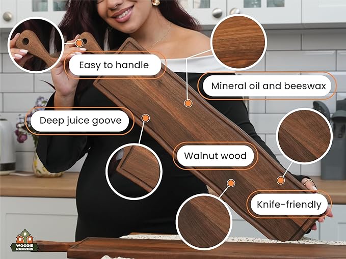 Elegant Walnut Wood Long Serving Board with Handle - Charcuterie Wooden Board - Stylish Versatility for Culinary Delights - Reversible with Juice Groove - 27.6x6.3x0.8 in - Woodie Poppins (Medium)