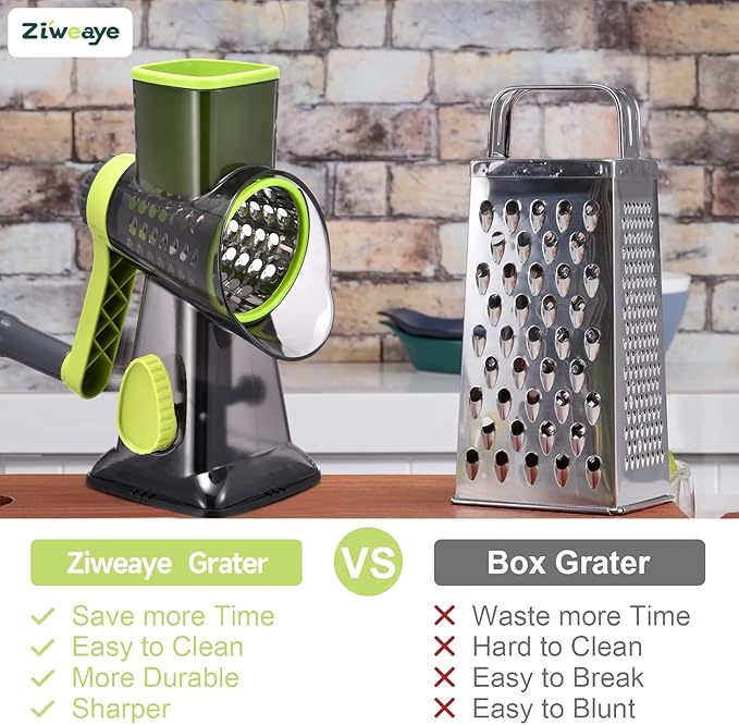 Rotary Cheese Grater Hand Crank Cheese Shredder Vegetable Mandoline Slicer for Kitchen 3 in 1 Changeable Blades for Cheese Potato Nuts Chocolate Ice (Green TSP)