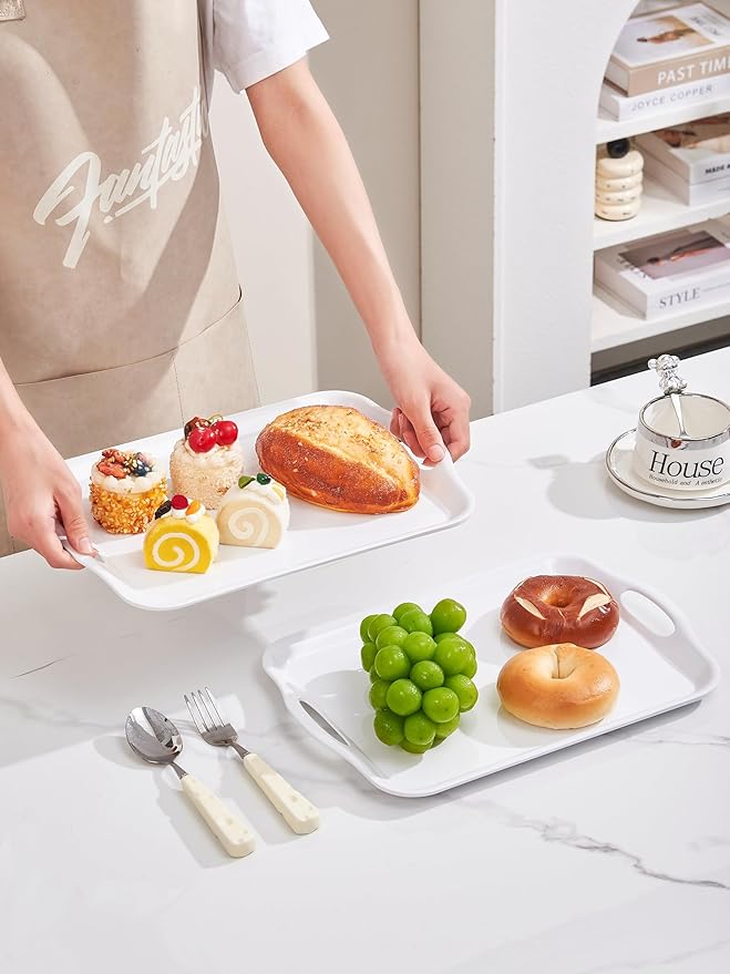 Blue Boat 14" x 10" Serving Trays Set of 2 White, Dinner Tray, Light Weight Easy to Clean Sturdy Stackable Melamine Serving Tray with Handle, Fruit, Snacks, and Desserts Trays