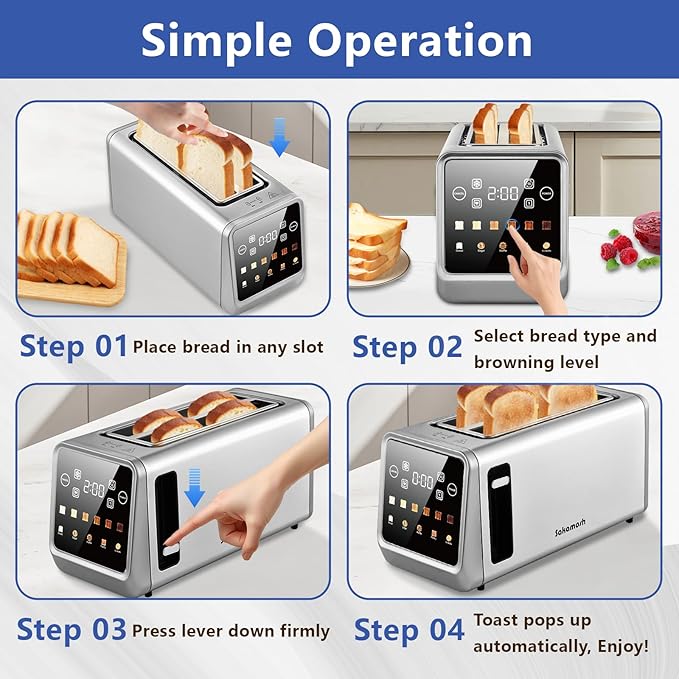 Smart Toaster 4 Slice, Touch Screen, Digital Toasters with 6 Browning Levels & 5 Bread Types, Bagel, Extra Long Wide Slots, Memory Function, Timer, 1400W, Stainless Steel