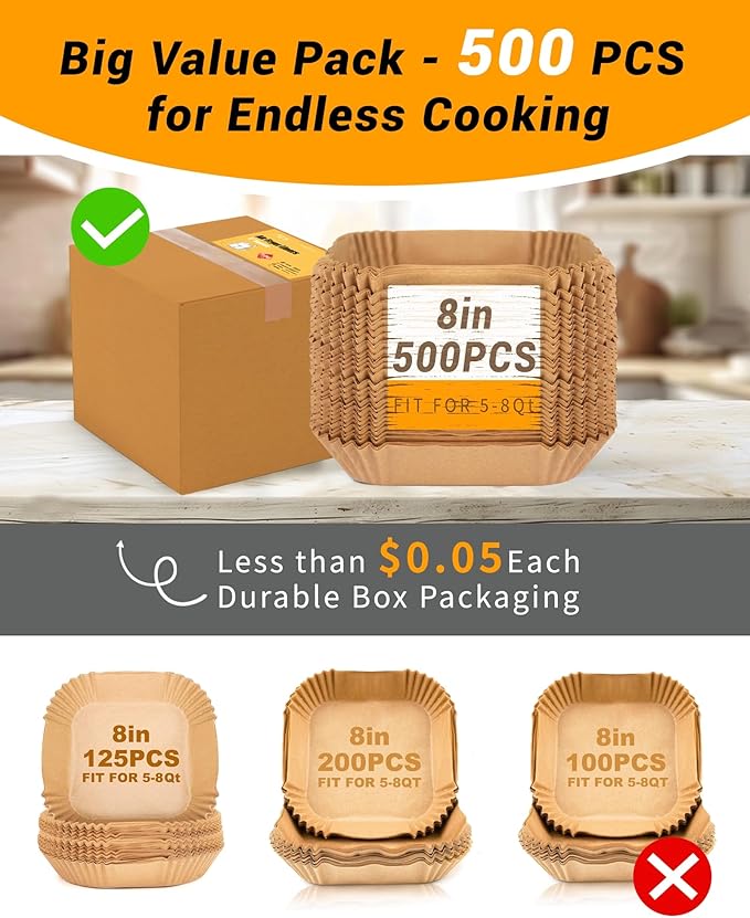 500Pcs Air Fryer Paper Liners, 8” Square Disposable Parchment Paper Liner for 5-8 QT Air Fryer, Non-Stick, Oil Proof Unbleached Airfryer for Baking, Roasting Microwave
