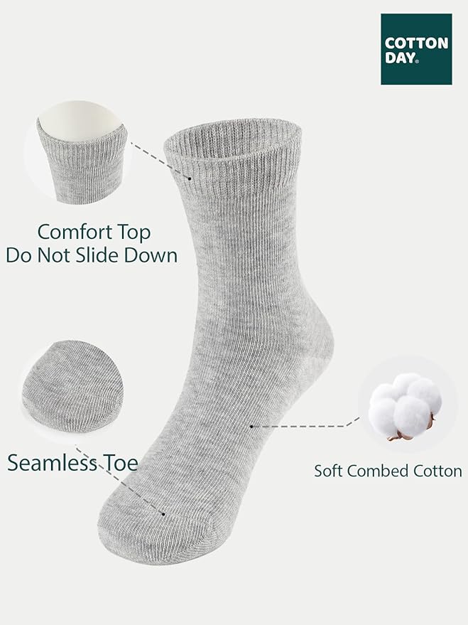 COTTON DAY Unisex Little Kids Youth Boys Girls Soft Cotton Crew Dress Socks Seamless Toe Black White Gray Navy 6 Pack