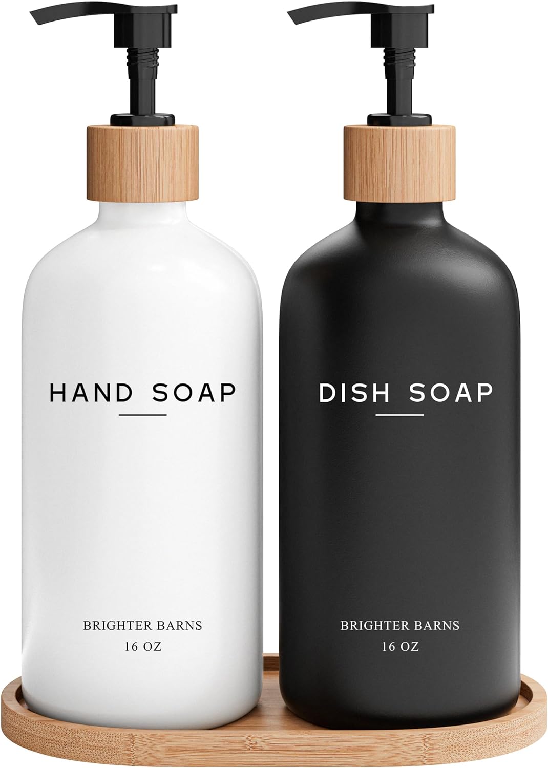 Luxury Glass Hand and Dish Soap Dispenser Set by Brighter Barns - Kitchen Soap Dispenser Set with Tray - Bamboo Pump Bottle for Kitchen Sink - Boho Home Decor, Modern Decor in Restaurant (Black/White)