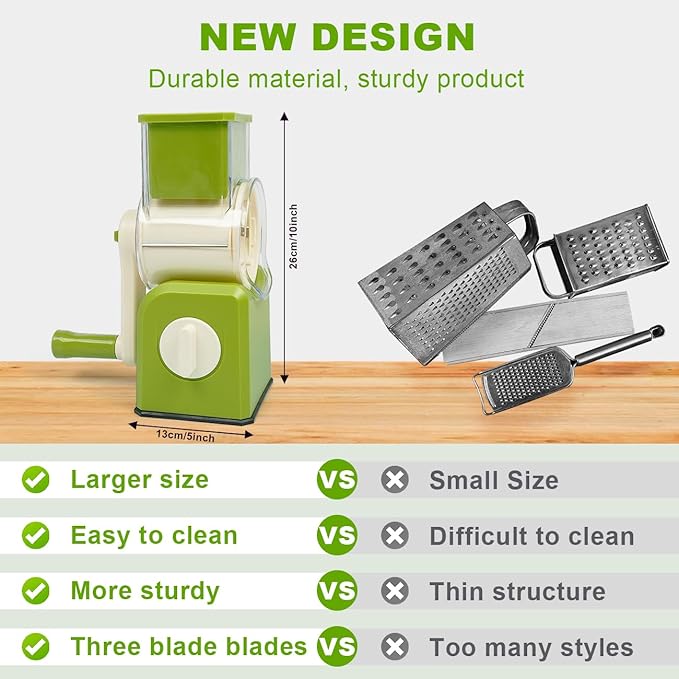 3 in 1 Cheese Grater, Rotary Cheese Grater with Handle for kitchen, Vegetable Slicer with 3 Replaceable Stainless Steel Blades,Peeler and Rubber Gloves (Green)