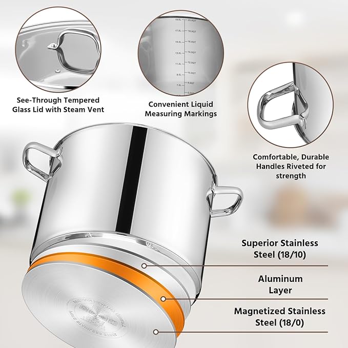 20 Qt Large Stock Pot, E-far Stainless Steel Stockpot with Lid for Boiling Cooking Soup Stew Canning, Heavy Duty Tri-Ply Bottom Works w/Induction, Commercial Grade & Dishwasher Safe