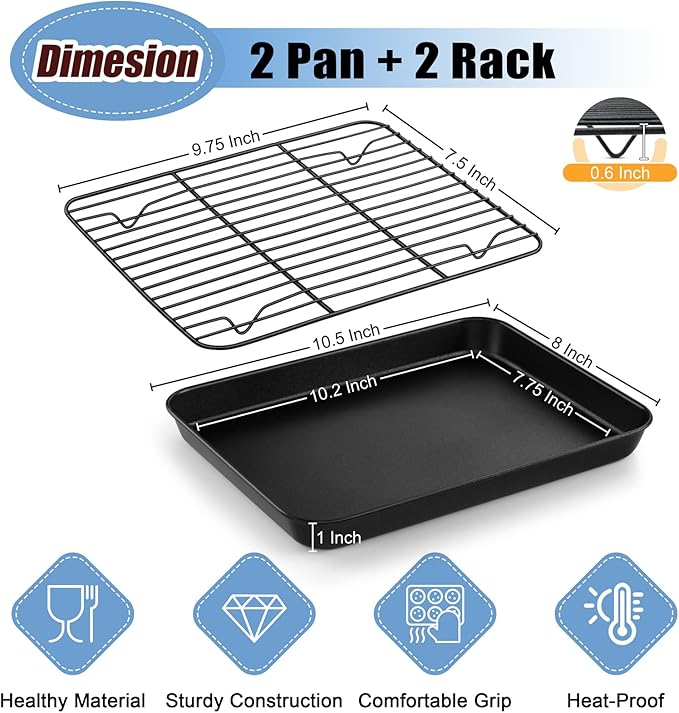 TeamFar Toaster Oven Pan with Rack Set, 10.5 x 8 x 1 Inch Nonstick Small Baking Pan Tray with Cooling Rack for Baking Roasting, Non-Toxic & Heavy Duty, Easy Clean, Set of 4