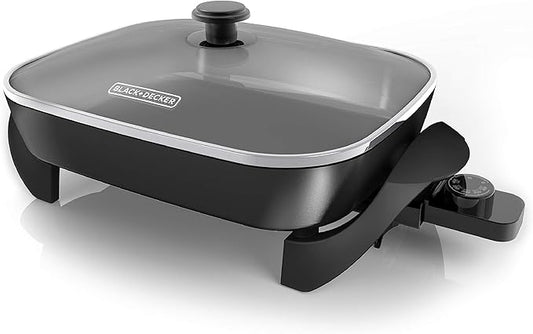 BLACK+DECKER Electric Skillet, Variable Temperature Control, Nonstick Cooking Surface, Dishwasher Safe, Tempered Glass Lid, 12"x15"