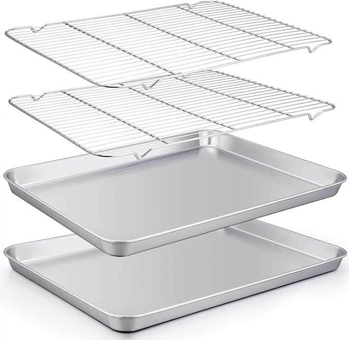 TeamFar Baking Sheet with Rack Set of 4, 20’’×14’’×1.2’’, Half Size Stainless Steel Cookie Sheet Baking Pans with Cooling Rack Set, Non Toxic & Rust Free, Mirror Finish & Easy Clean, 2 Pans & 2 Racks