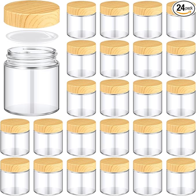 Norme 24 Pcs 4 oz Glass Jars with Lids Empty Small Glass Containers and Inner Liners Reusable Cosmetic Jars Round Airtight Bottles with Plastic Woodgrain Lids for Travel