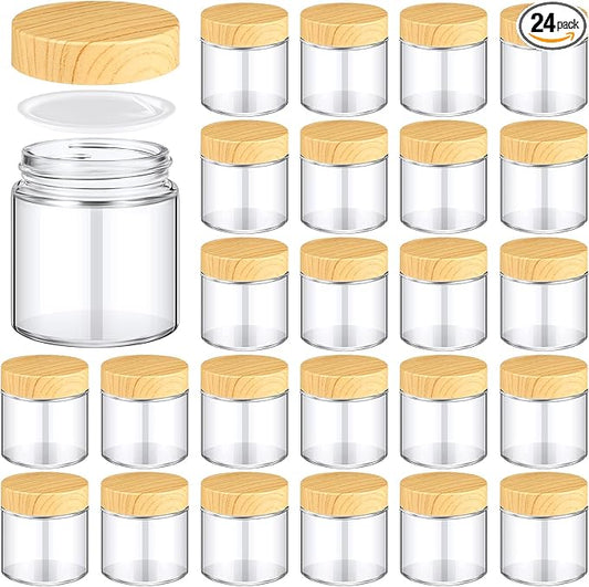 Norme 24 Pcs 4 oz Glass Jars with Lids Empty Small Glass Containers and Inner Liners Reusable Cosmetic Jars Round Airtight Bottles with Plastic Woodgrain Lids for Travel