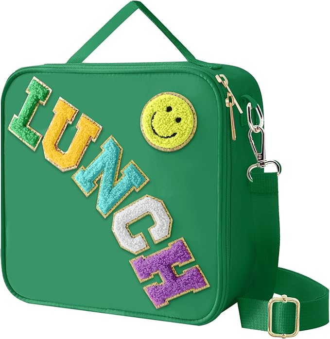 Insulated Lunch Bag With Adjustable Shoulder Strap, Nylon Preppy Lunch Box Large Insulated Lunch Bag Reusable Lunch Tote Bag with Smiley Preppy LunchBag for Girls School Travel Picnic (Dark green)