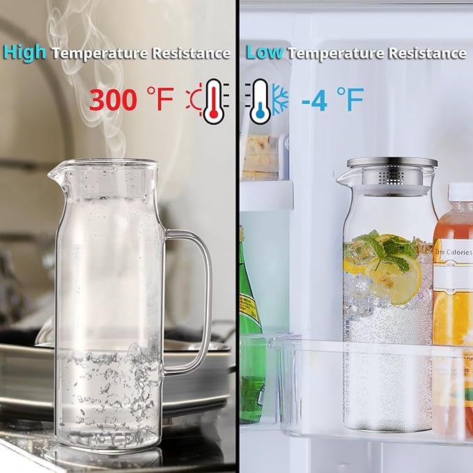 2 Pack 1.6 Liter 54 oz Glass Pitcher with Lid and Spout, Glass Carafe Water Pitcher for Hot/Cold Water, Iced Tea, Drinks, Coffee, Juice and Homemade Beverage