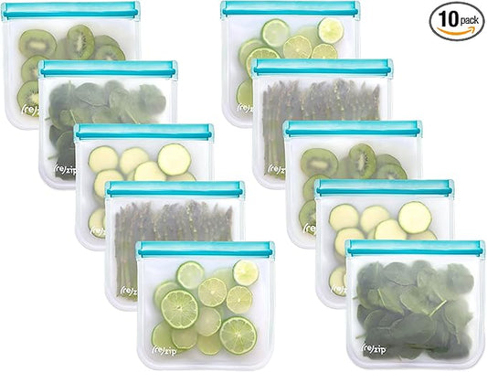 (re) zip 10-Pack Reusable Sandwich Lunch Bags | BPA-Free, Food Grade, Leakproof, Freezer Safe, Dishwasher Safe, Travel Friendly | 3.5 Cup / 28-Ounce | Aqua