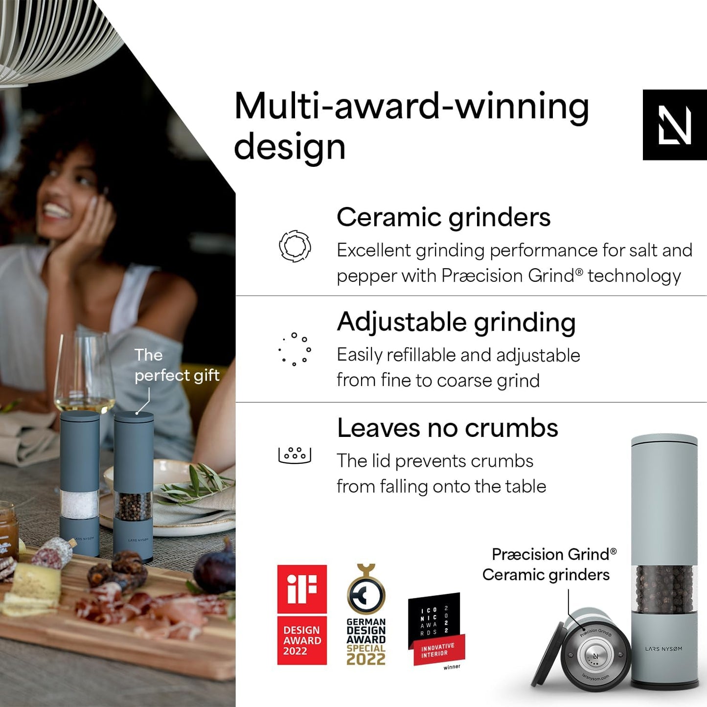 LARS NYSØM Salt and Pepper Grinder Set Manual, Stainless Steel Salt and Pepper Mills with Adjustable Ceramic Grinder I Design Spice Shakers (Sky Blue)