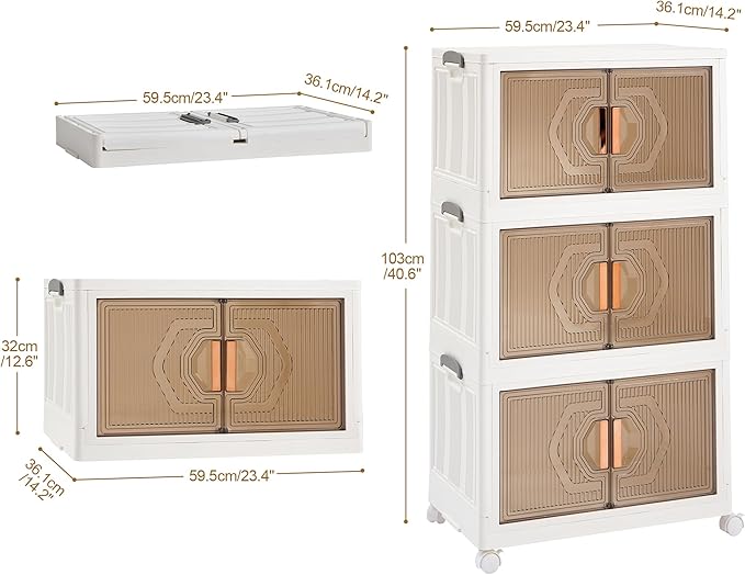 VECELO 19 Gal Stackable Storage Bins with Lid, 3 Pack Plastic Collapsible Storage Cabinet, Foldable Folding Box Organizer/Storage Container Cart with Wheel and Double Door for Home Office, White