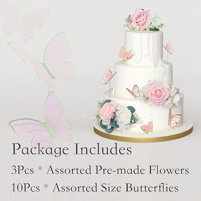 Rinlong 3Pcs Pre-made Blush Pink Cake Flowers Decorations Flower Cake Topper Butterfly Cake Decorating Flowers for Wedding Sweet 16 Birthday Girl