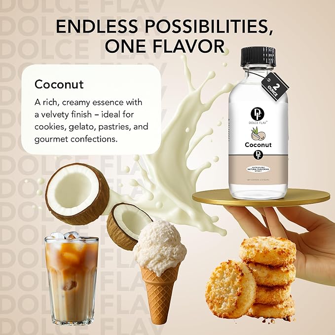 Dolce Flav Natural Coconut Extract – 2 Ounce Water-Soluble Kosher, Sugar-Free, Concentrated Tropical Coconut Flavoring for Baking, Beverages & Desserts, Includes Measured Dropper
