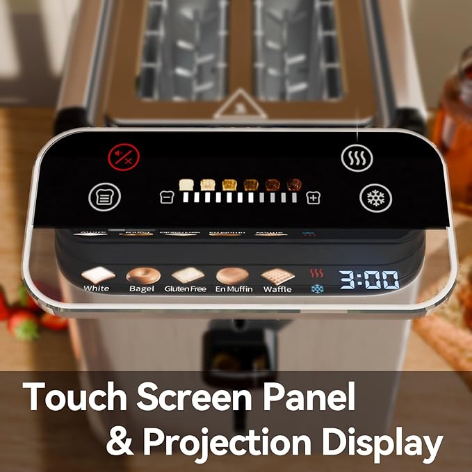 WHALL Toaster 2 Slice, Touch Screen Toasters with Projection Display, 1.5" Wide Slot, 5 Bread Types & 11 Shade Settings, Digital Timer, Warming Rack, Crumb Tray, Reheat/Defrost, Silver