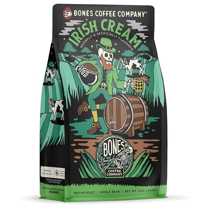 Bones Coffee Company Irish Cream, Creamy Liqueur Flavored Coffee, Medium Roast Low Acid Arabica Beans Compatible with Auto drip and French Press Coffee Maker, 12 Oz Whole Bean