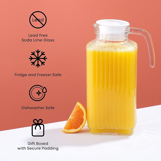JoyJolt 60oz Glass Pitcher with Lid (2 Lids) - Beverage Serveware and Storage Container for Cold Drinks and Liquids. Juice Container, Water Jug, Fridge Pitcher for Iced Tea or Milk