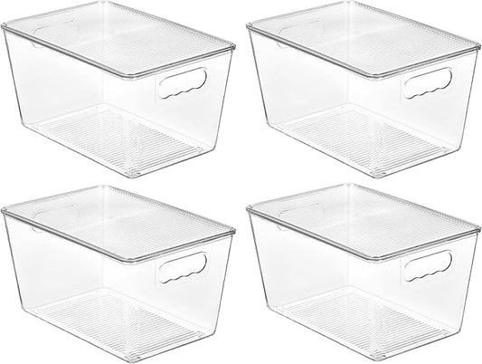 Vtopmart 4 Pack Clear Stackable Storage Bins with Lids, Large Plastic Containers with Handle for Pantry Organizer and Storage,Perfect for Kitchen,Fridge,Cabinet, Closet,Bathroom Organization