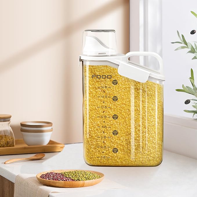 2 PCS Airtight Storage Containers, 2.8L/95fl.oz Cereal Rice Holder, Dog Cat Food Dispenser with Measuring Cup, BPA Free Clear Plastic Kitchen Pantry Organization Bin, 1 Blue+1 White