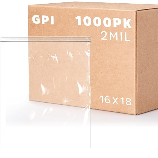 GPI - 16" x 18", Case of 1000, Clear Plastic Reclosable Jumbo Zip Bags, 2 Mil Thick, Zip Poly Bags with Resealable Lock Seal Zipper For Food, Apparel, Shirts, Household, School & Office Supplies