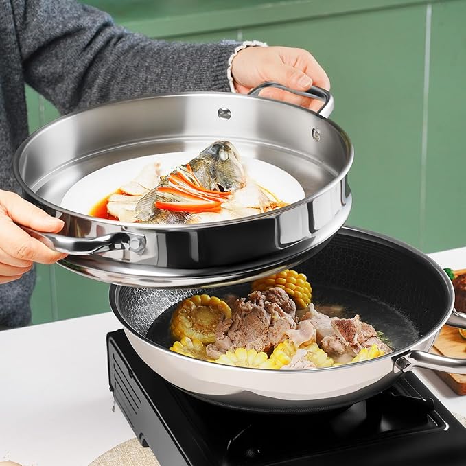 Hybrid 12-Inch Wok with Lid,Nonstick Stainless Steel Woks & Stir-fry pans,Stay-Cool Handle,PFOA Free Cookware,Dishwasher and Oven Safe,Compatible with All Cooktops