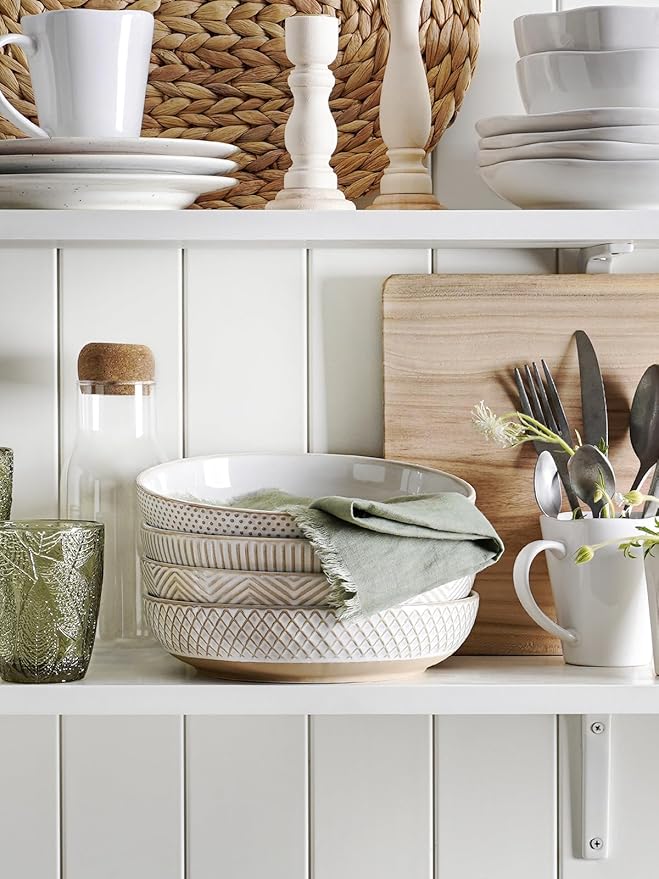 LE TAUCI Pasta Bowls 46oz, Large Salad Bowl, Ceramic Serving Plate, House-warming Wedding Present, Embossment Stoneware Bowl for Fruits, Noodle, Dinner - 9 Inch, Set of 4, Arctic White