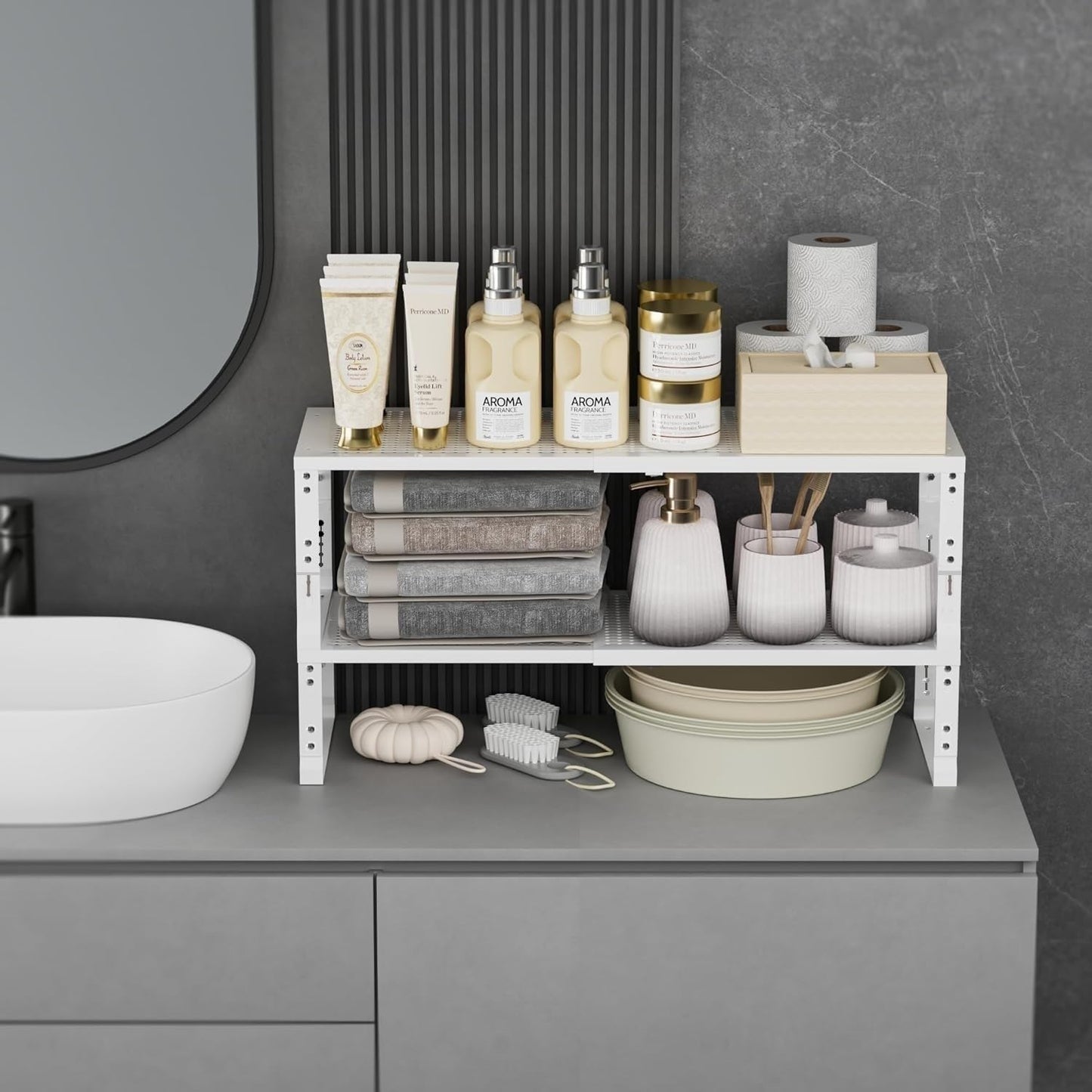 Expandable Spice Rack,Stackable Storage for Cabinet, Multi-Functional Kitchen Shelving,Height-Adjustable,Sustainable Organizer Solution(2Packs/White/Large)