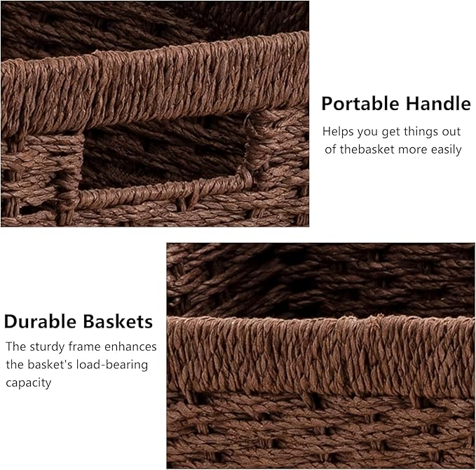UBBCARE 3 Pack Wicker Basket, 13.4L×8.3H×7.1W inch Woven Paper Rope Storage Baskets for shelves, Foldable Rectangular Storage Baskets with Handle, Storage Basket for Organizing, Dark Brown
