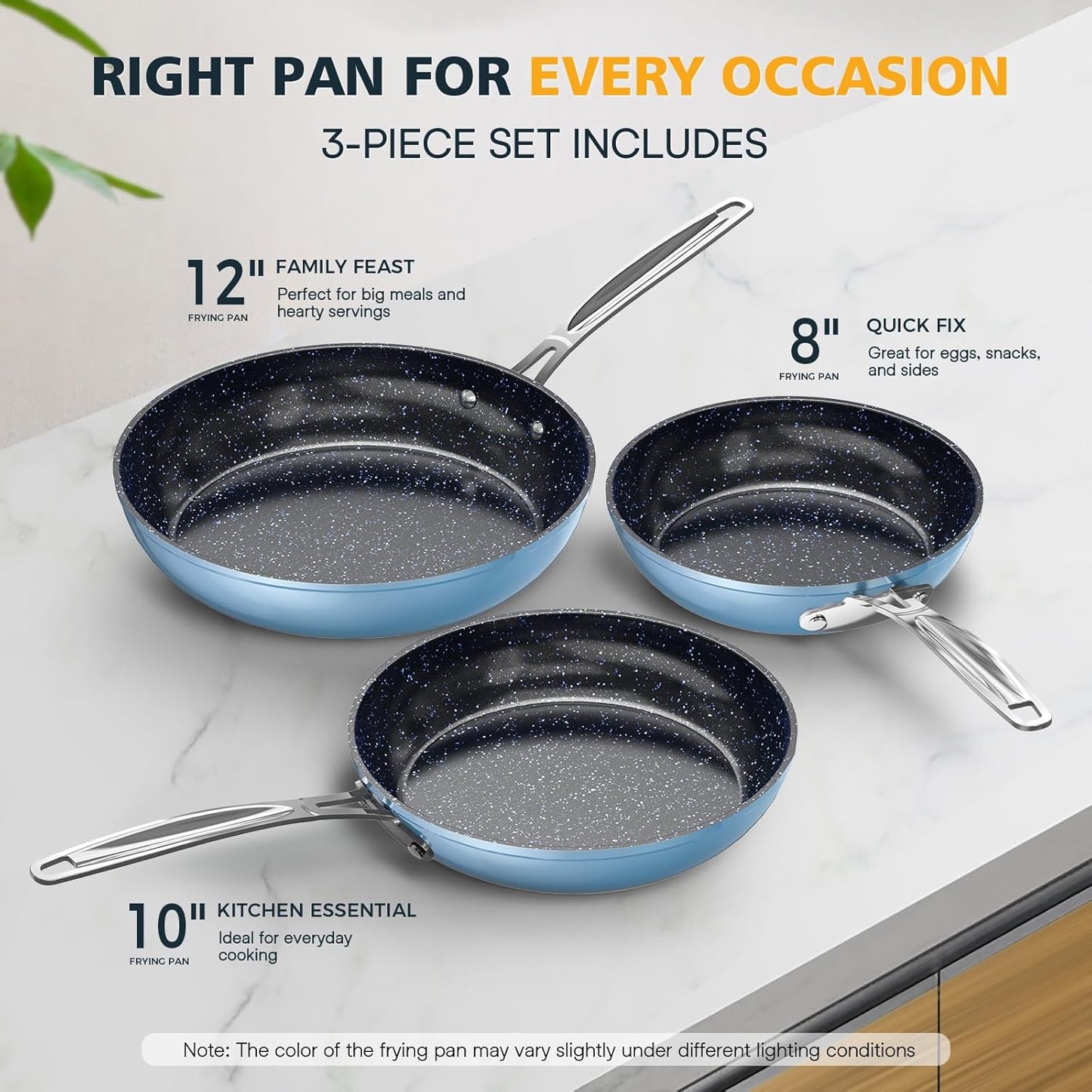 Nuwave 3-Piece 8”, 10”, 12” Forged Lightweight Frying Pan Set, G10 Healthy Duralon Blue Ceramic Ultra Non-Stick, Ergonomic Stay-Cool Handles, Induction-Ready & Works on All Cooktops