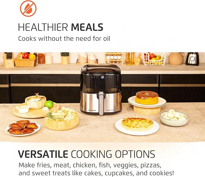 Air Fryer Digital Visor Inox 5.3QT Capacity - High Power & Elegant Stainless Steel Finish - Black & Inox