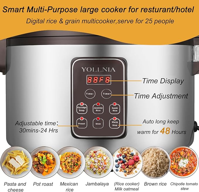 Commercial Large Rice Cooker & food warmer | 13.8QT/65 Cups cooked rice | 1350W Multi-function electric sushi rice cooker | LED Display | Timer Setting | Smart preset from 30 min-24 Hrs