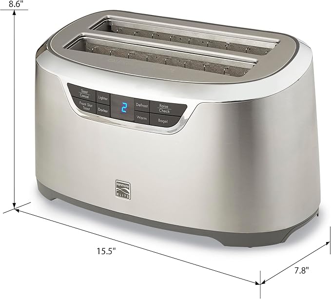 Kenmore Elite toaster 4 slice - long slot countertop kitchen appliance, tostadora de pan, front toast option, easy clean crumb tray, digital control, modern stainless steel design, bread bagel waffels