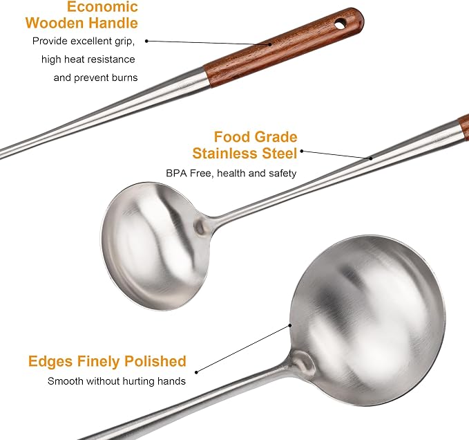 FJNATINH Soup Ladle, Stainless Steel Cooking Ladle for Soup Sauces, Kitchen Ladle Spoon with Heat-proof Wooden Handle, Easy to Clean