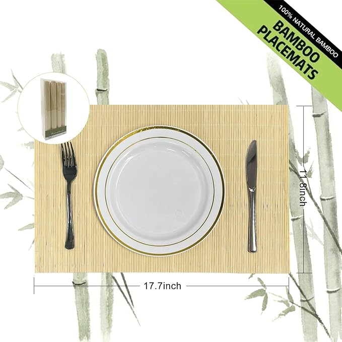 ANDSTAR Bamboo Placemats Set of 8 Waterproof - 12x18 Inch Reusable Table Mats for Dining, Eco-Friendly Heat Resistant Dishwasher Safe Kitchen Decor, Farmhouse Style Home Gift (Natural Color)